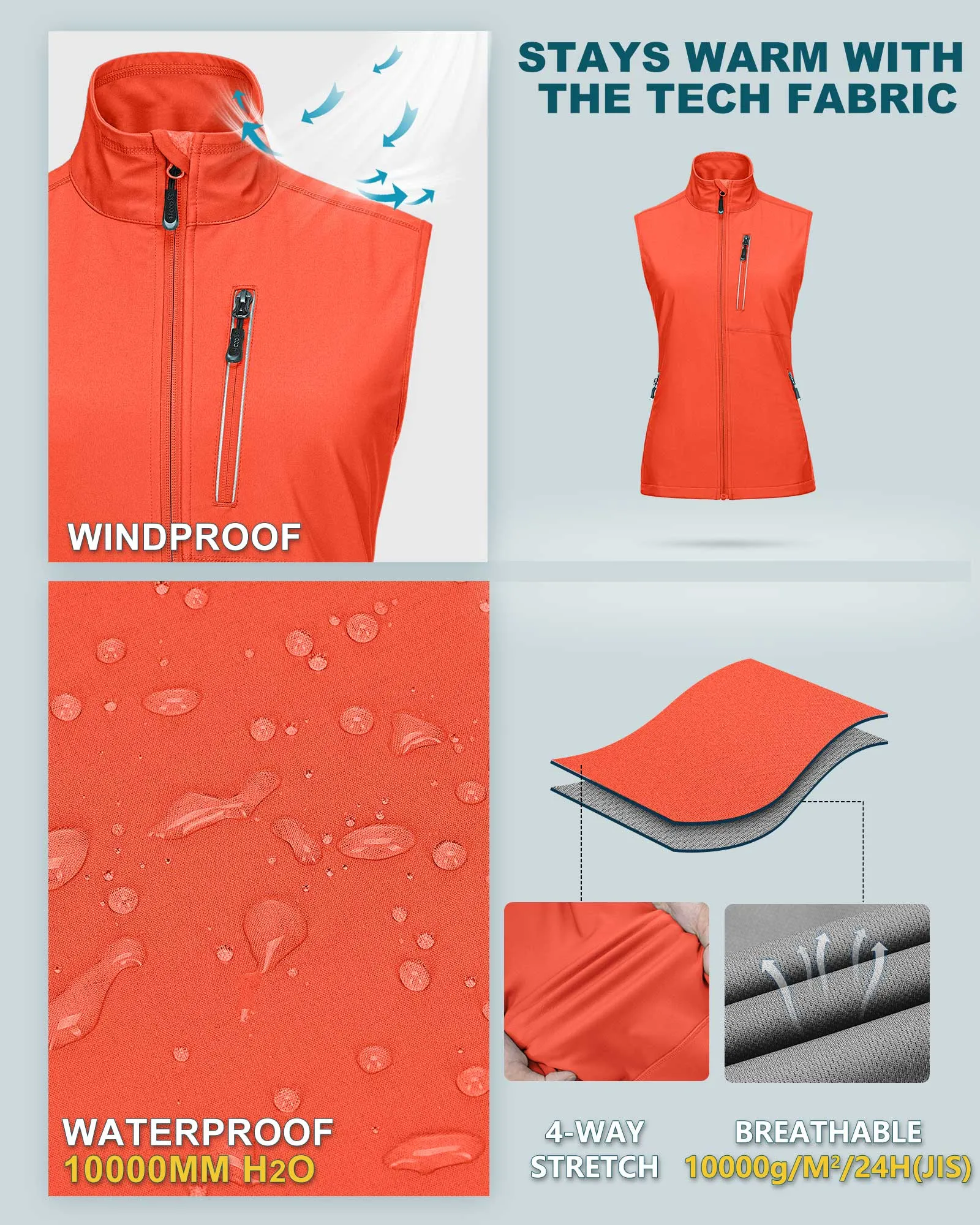 Women's Windproof Vest Outerwear with 6 Pockets and Reoflective Design: 0.77lbs 10000mm W/P index 10000 Level Breathable