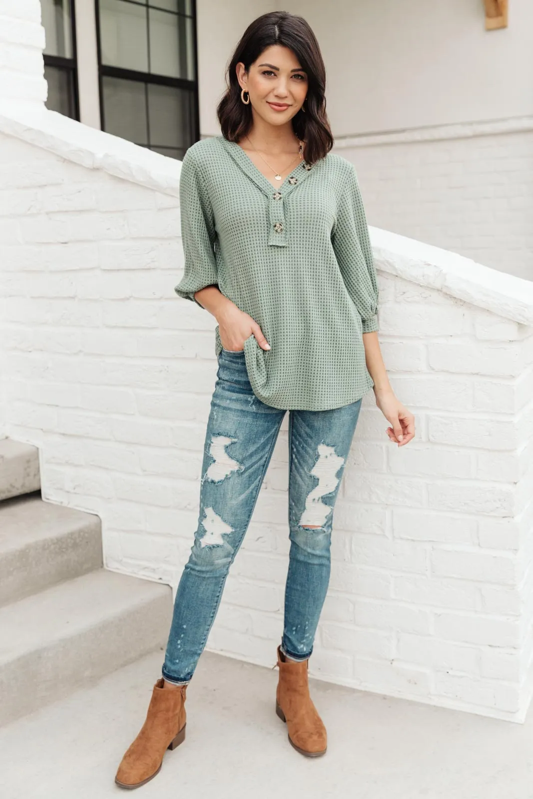 Wonderfully Waffled Top in Sage