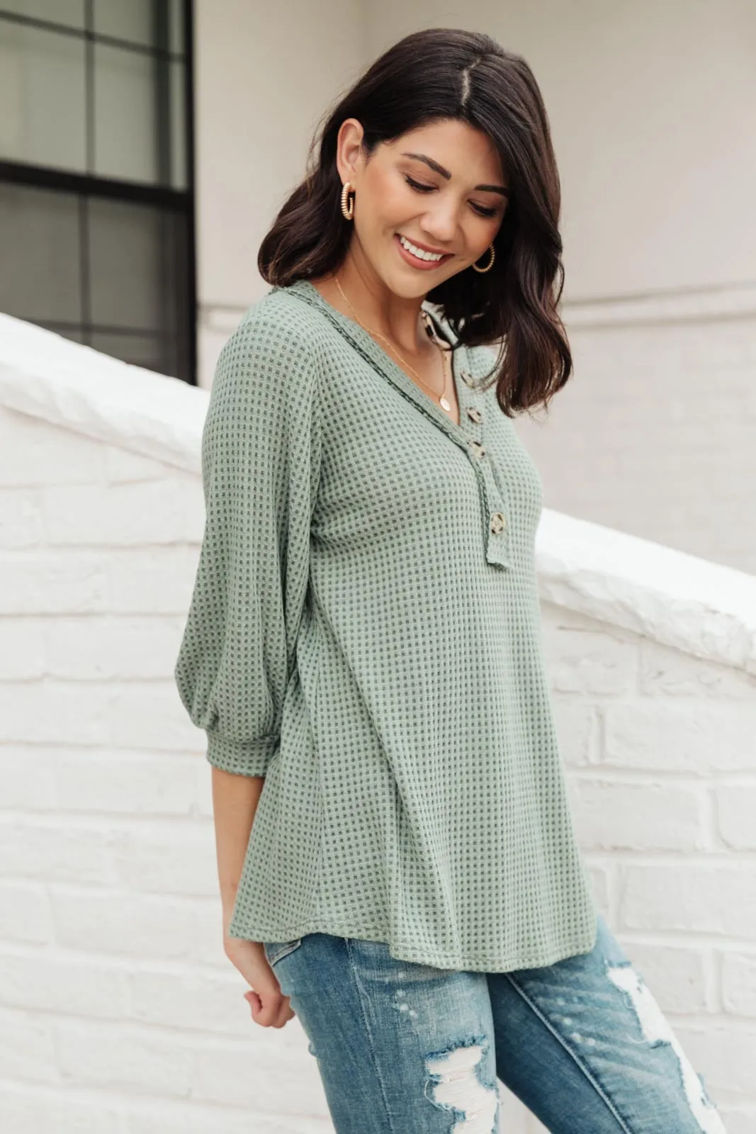 Wonderfully Waffled Top in Sage