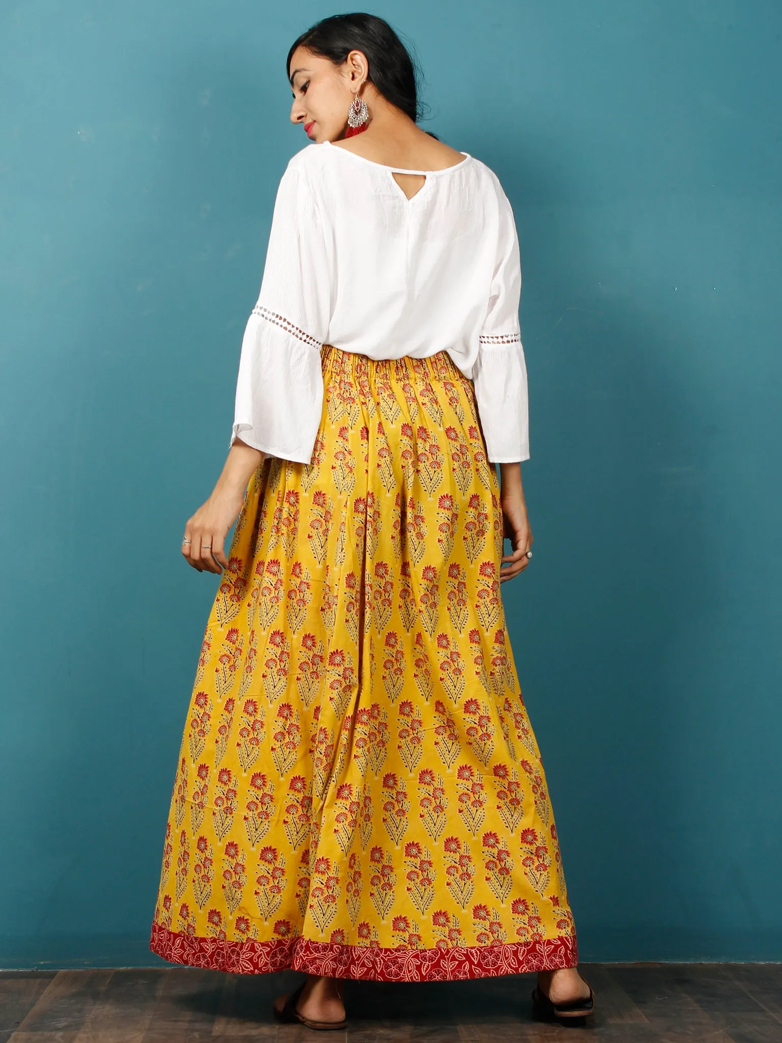 Yellow Red Maroon Black Hand Block Printed Skirt  - S40F623