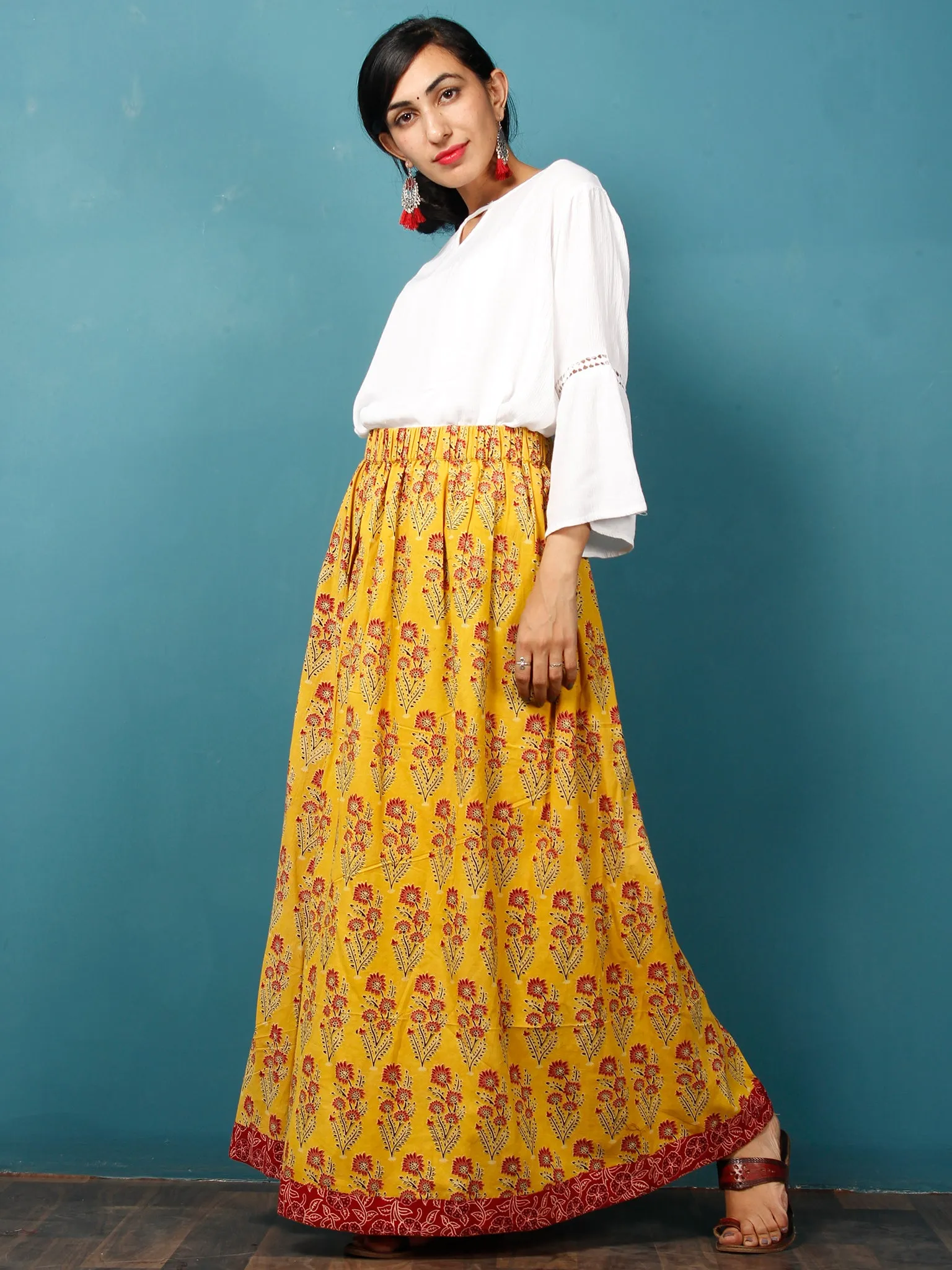 Yellow Red Maroon Black Hand Block Printed Skirt  - S40F623