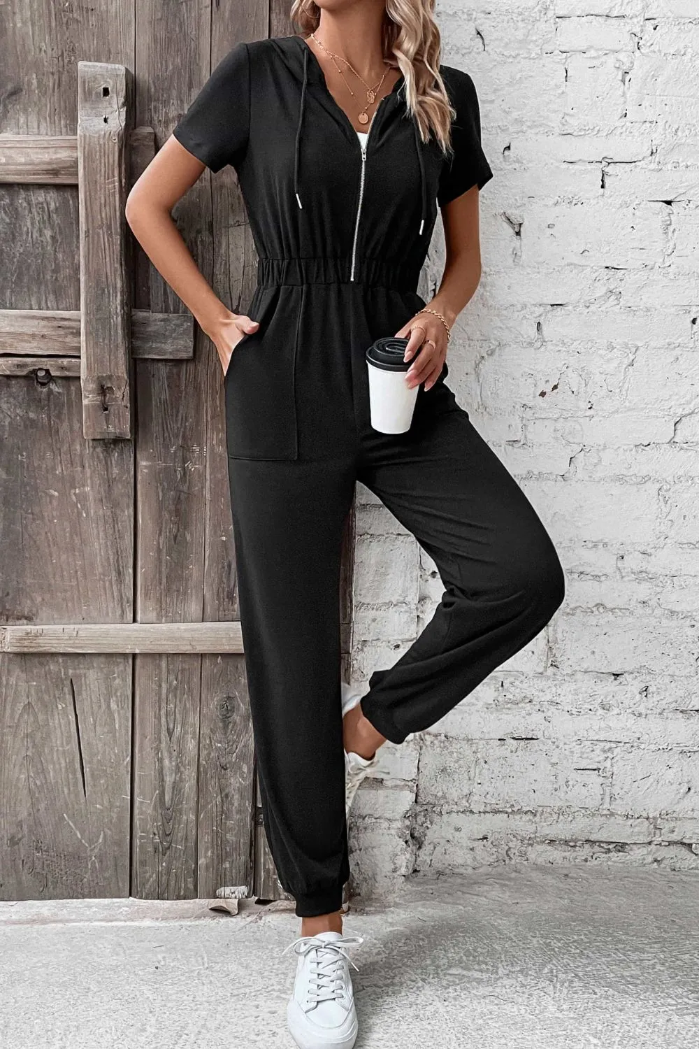 Zip-Up Short Sleeve Hooded Black Travel Jumpsuit with Pockets