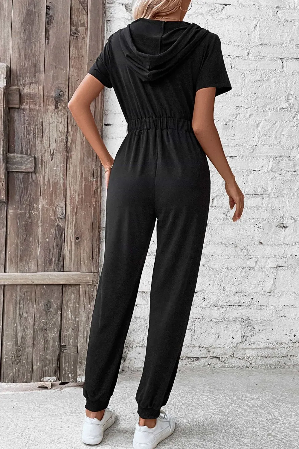 Zip-Up Short Sleeve Hooded Black Travel Jumpsuit with Pockets